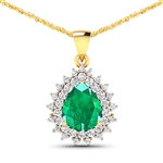 14K Yellow Gold 18" Chain Pendant 2.85 Carat Zambian Emerald (AA) Pears - 1Pc + White Diamond F/C Round  0.806ct (Vault_Q) 