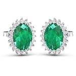 14K White Gold Earrings 2 Carat Zambian Emerald (AA) Oval - 2Pcs + White Diamond F/C Round  0.26ct (Vault_Q) 