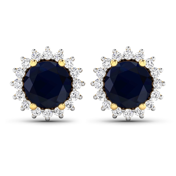 14K Yellow Gold Earrings 2.2 Carat Blue Sapphire Round Cut with White Diamond  0.32ct (Vault_Q) 