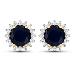 14K Yellow Gold Earrings 2.2 Carat Blue Sapphire Round Cut with White Diamond  0.32ct (Vault_Q) 