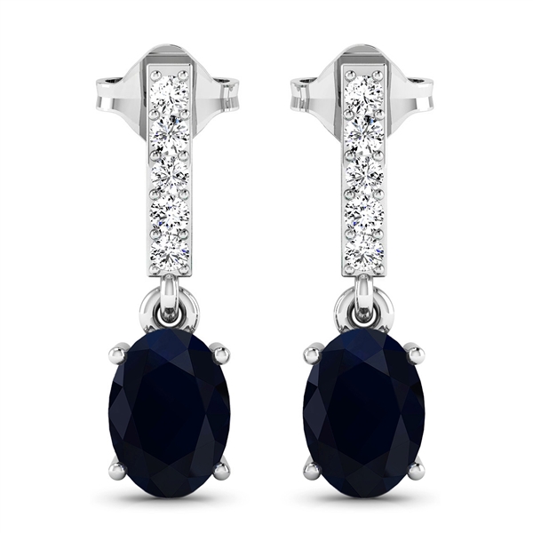 14K White Gold Earrings 1.5 Carat Blue Sapphire Oval Cut with White Diamond  0.14ct (Vault_Q) 