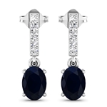 14K White Gold Earrings 1.5 Carat Blue Sapphire Oval Cut with White Diamond  0.14ct (Vault_Q) 