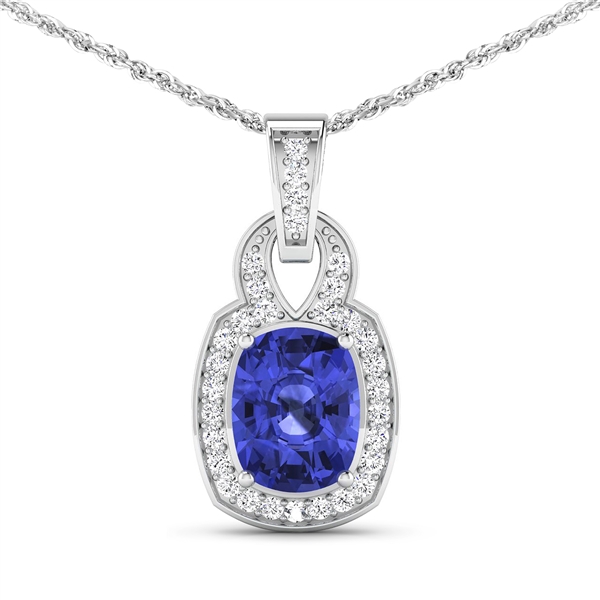 14K White Gold 18 Chain Pendant 2.02 Carat Tanzanite Cushion Cut with White Diamond  0.25ct (Vault_Q) 