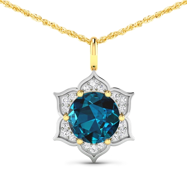 14K Yellow Gold 18 Chain Pendant 2.05 Carat London Blue Topaz Round Cut with White Diamond  0.14ct (Vault_Q) 