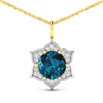 14K Yellow Gold 18 Chain Pendant 2.05 Carat London Blue Topaz Round Cut with White Diamond  0.14ct (Vault_Q) 