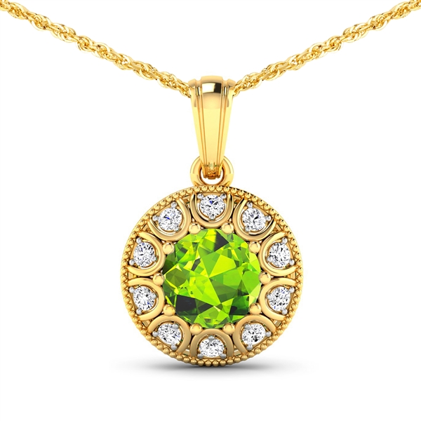 14K Yellow Gold No Chain Pendant 1.85 Carat Peridot Round Cut with White Diamond  0.3ct (Vault_Q) 