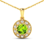 14K Yellow Gold No Chain Pendant 1.85 Carat Peridot Round Cut with White Diamond  0.3ct (Vault_Q) 