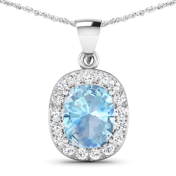 14K White Gold 18 Chain Pendant 3 Carat Aquamarine Cushion Cut with White Diamond  0.51ct (Vault_Q) 