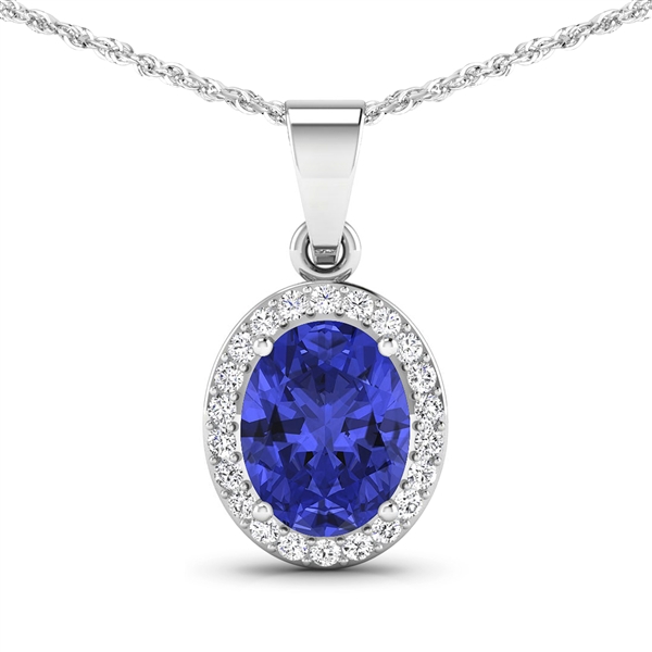 14K White Gold 18 Chain Pendant 1.6 Carat Tanzanite Oval Cut with White Diamond  0.22ct (Vault_Q) 