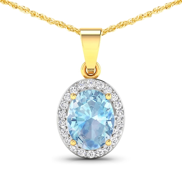 14K Yellow Gold 18 Chain Pendant 1.4 Carat Aquamarine Oval Cut with White Diamond  0.22ct (Vault_Q) 