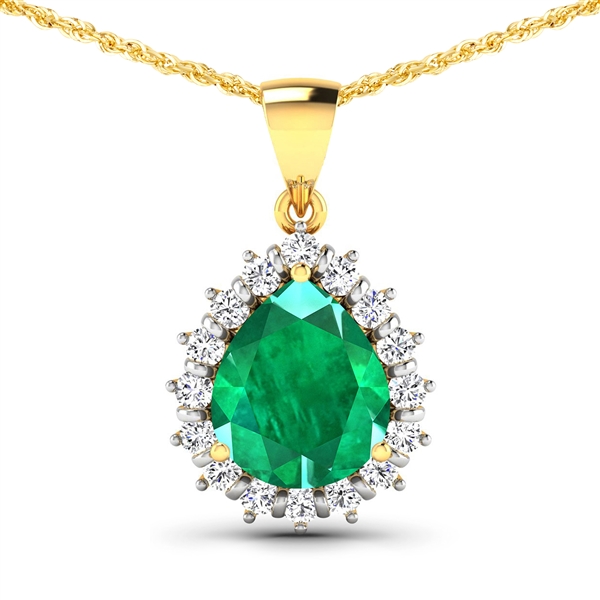 14K Yellow Gold 18 Chain Pendant 2.85 Carat Zambian Emerald Pears Cut with White Diamond  0.48ct (Vault_Q) 