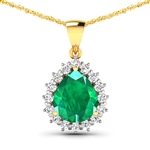 14K Yellow Gold 18 Chain Pendant 2.85 Carat Zambian Emerald Pears Cut with White Diamond  0.48ct (Vault_Q) 