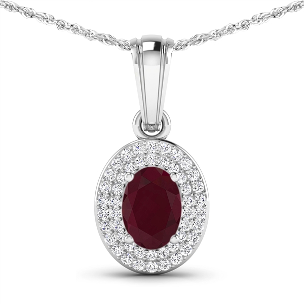 14K White Gold  Chain Pendant 0.85 Carat Ruby Oval Cut with White Diamond  0.168ct (Vault_Q) 