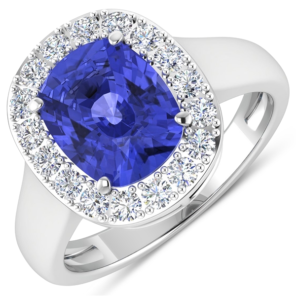 14K White Gold Ring 2.9 Carat Tanzanite Cushion Cut with White Diamond  0.51ct (Vault_Q) 