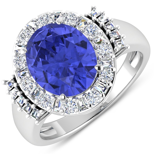 14K White Gold Ring 3.43 Carat Tanzanite Oval Cut with White Diamond Tapper Baguette  0.831ct (Vault_Q) 