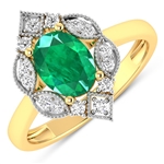 14K Yellow Gold Ring 1 Carat Zambian Emerald Oval Cut with White Diamond  0.2ct (Vault_Q) 