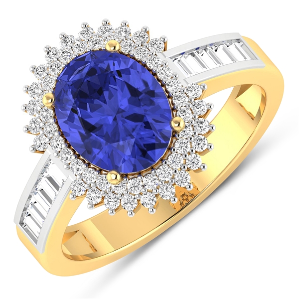 14K Yellow Gold Ring 1.41 Carat Tanzanite Oval Cut with White Diamond Baguette  0.52ct (Vault_Q) 