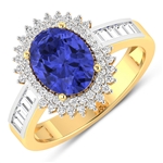 14K Yellow Gold Ring 1.41 Carat Tanzanite Oval Cut with White Diamond Baguette  0.52ct (Vault_Q) 