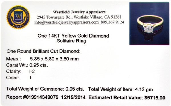 14KT. Gold, 0.95CT Round Cut Diamond Ring
