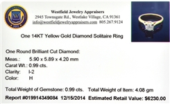 14KT. Gold, 0.99CT Round Cut Diamond Ring