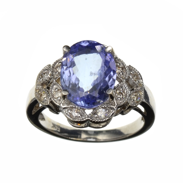 14KT. White Gold, 2.75CT Oval Cut Tanzanite And 0.26CT Diamond Ring