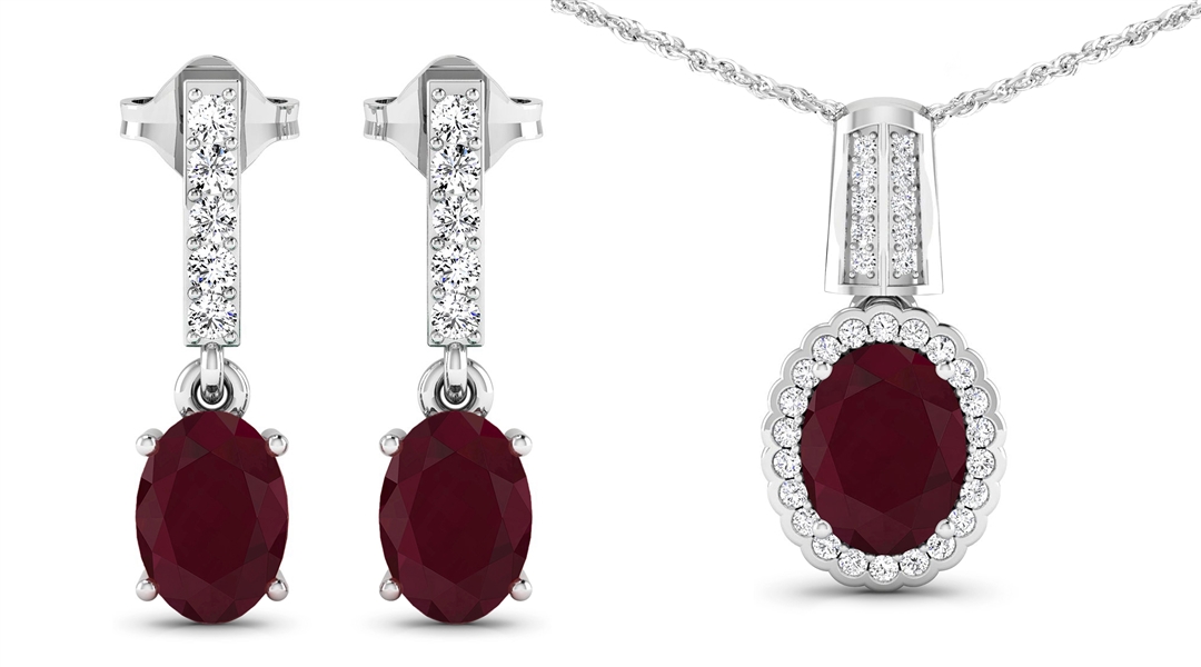 14K White Gold Earrings 1.7CT Ruby and Pendant 2.3CT Ruby with White Diamond Set (Vault_Q)  