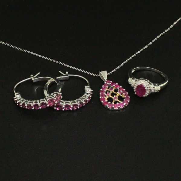  Ruby Ring size 7, Pendant, and Rhodolite Earrings Sterling Silver Collection 