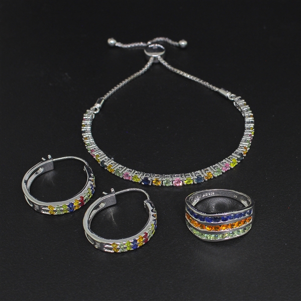  Multi Gemstone Ring size 10, Earrings, and Bracelet Sterling Silver Collection 