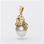 14K White Gold 11.50 x 9mm Cultured Pearl and Diamond Pendant -PNR-