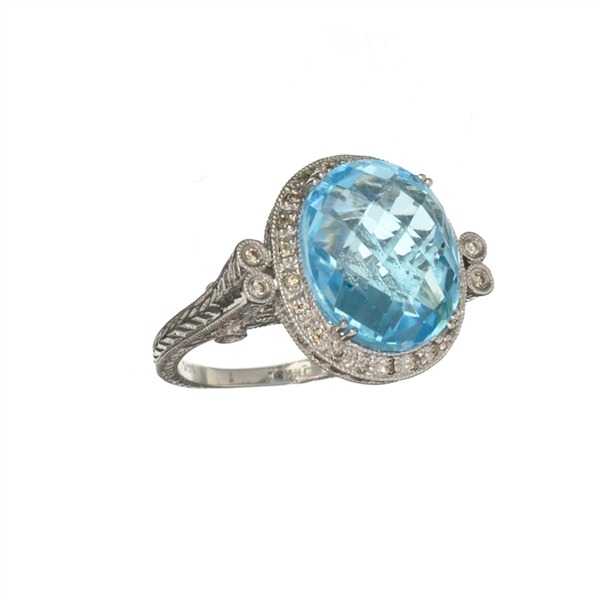 14KT. White Gold, 11.82CT Oval Cut Blue Topaz And Diamond Ring