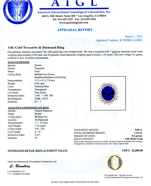 App: $22,680 6.06ct Tanzanite and 1.24ctw Diamond 14K White Gold Ring (Vault_R42) 