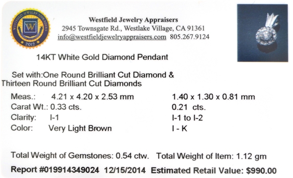 14KT. White Gold, 0.33CT Round Cut Diamond Pendant