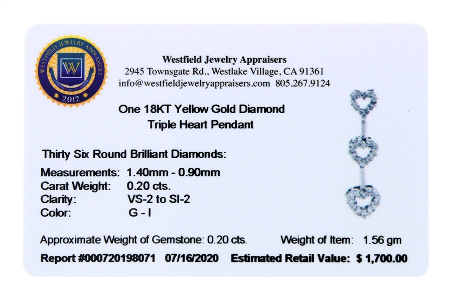 18KT White Gold 0.20CT Diamond Triple Heart Pendant -PNR-