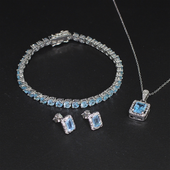  Blue Topaz Pendant and Bracelet Sterling Silver Collection 