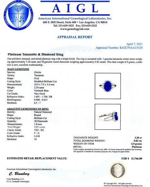 App: $11,766 3.20ct Tanzanite and  0.82ctw Diamond Platinum Ring (Vault_R43) 