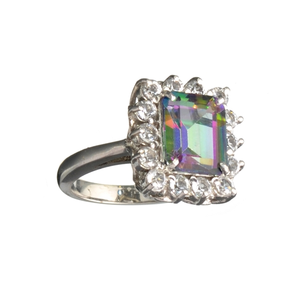 4.34CT Multicolor Mystic Quartz And White Sapphire Sterling Silver Ring