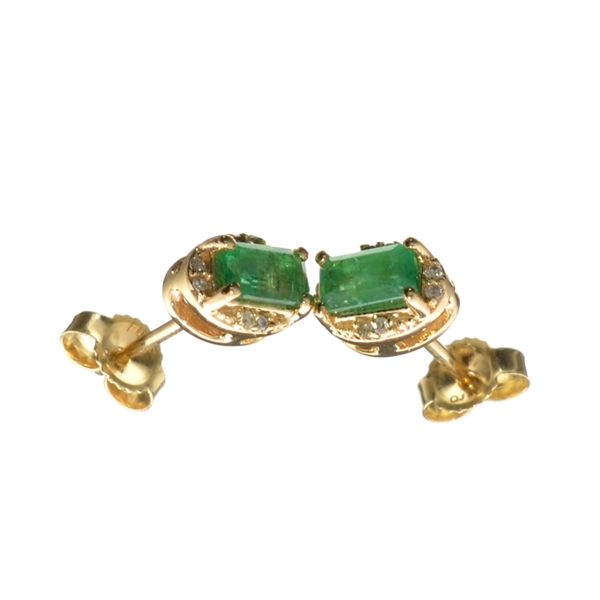 14KT. Gold 0.58CT Rectangular Cut Emerald and 0.05CT Round Brilliant Cut Diamond Earrings