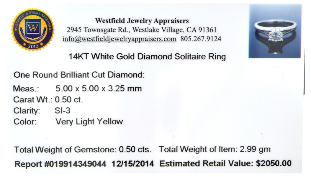 14KT. White Gold, 0.50CT Round Cut Diamond Ring