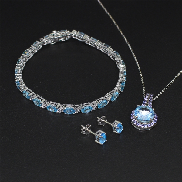  Blue Topaz Earrings, Pendant, and Bracelet Sterling Silver Collection 