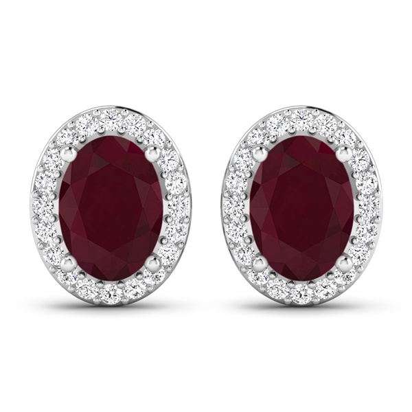 14K White Gold Earrings 1.7 Carat Ruby Oval Cut with White Diamond 0.26ct (Vault_Q) 