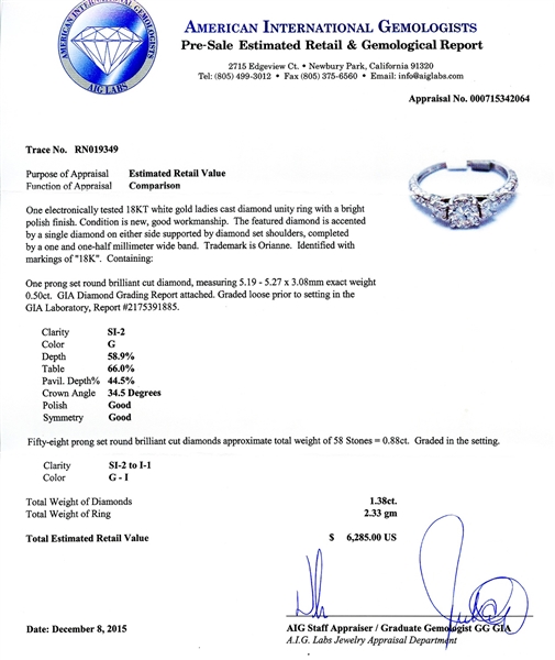 App: $6,285 0.50ct SI2 CLARITY CENTER Diamond 18K White Gold Ring (1.38ctw Diamonds) GIA CERTIFIED (Vault_R43) 