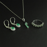 Green Sapphire Ring Size 7, Emerald Earrings and Pendant Sterling Silver Collection 