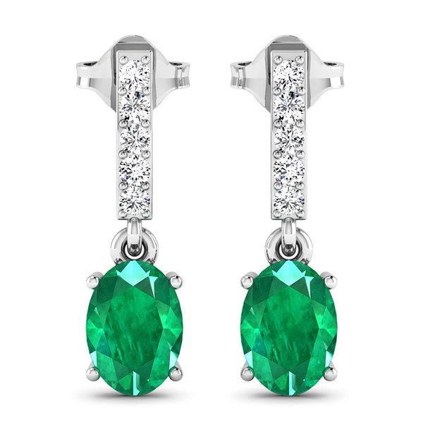 14K White Gold Earrings 1.12 Carat Zambian Emerald (AA) Oval - 2Pcs + White Diamond F/C Round  0.14ct (Vault_Q) 