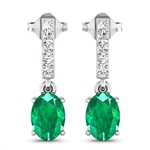 14K White Gold Earrings 1.12 Carat Zambian Emerald (AA) Oval - 2Pcs + White Diamond F/C Round  0.14ct (Vault_Q) 