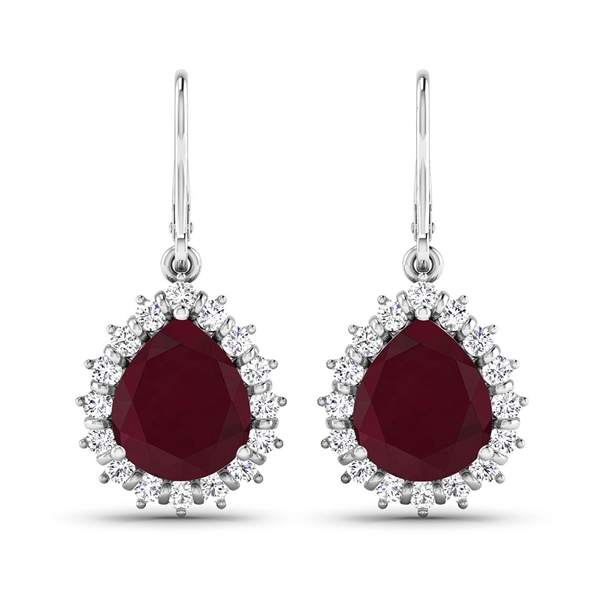 14K White Gold Earrings 3.7 Carat Ruby (AA) Pears - 2Pcs + White Diamond F/C Round  0.448ct (Vault_Q) 