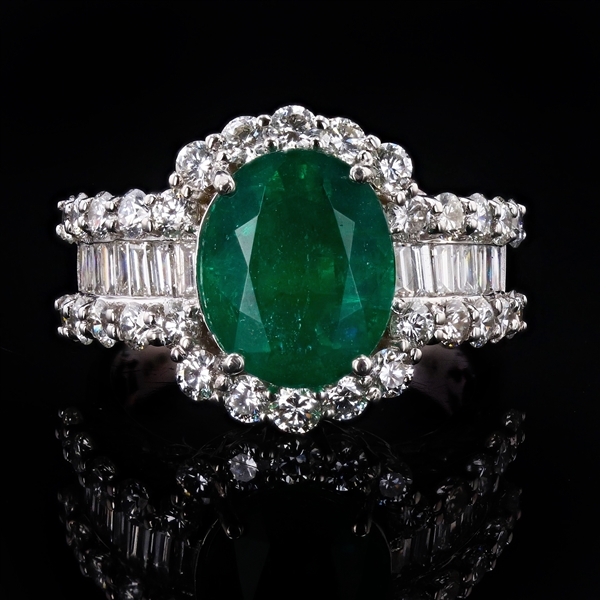  App: $36,590 4.37ct Emerald and 2.40ctw Diamond Platinum Ring (Vault_R44) 