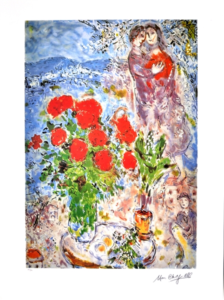 MARC CHAGALL Red Bouquet with Lovers Print, 33" x 24.5"