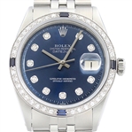  Rolex Mens Datejust Blue Dial Diamond Sapphire Bezel 18K White Gold Steel Watch (Vault_CC)