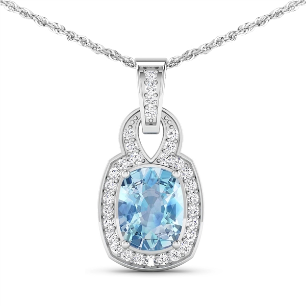 14K White Gold 18" Chain Pendant 1.65 Carat Aquamarine (AA+) Cushion - 1Pc + White Diamond F/C Round  0.25ct (Vault_Q) 