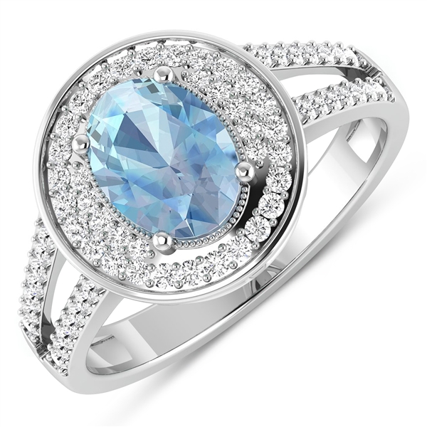 14K White Gold Ring 0.96 Carat Aquamarine Oval Cut with White Diamond  0.34ct (Vault_Q) 